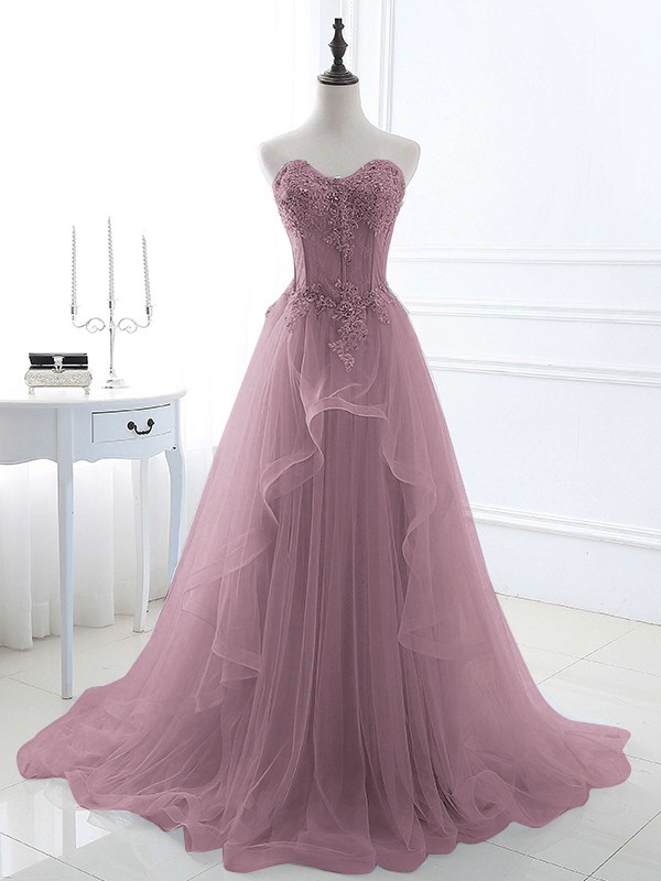 A-Line/Princess Tulle Applique Sweetheart Sleeveless Sweep/Brush Train Dresses 5202