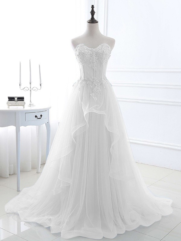 A-Line/Princess Tulle Applique Sweetheart Sleeveless Sweep/Brush Train Dresses 5202