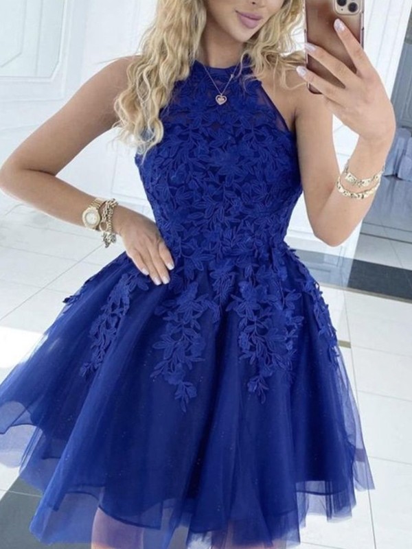 A-Line/Princess Tulle Applique Halter Sleeveless Short/Mini Dresses 5133