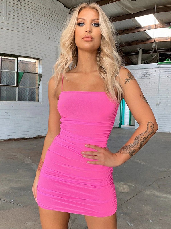 Sheath/Column Jersey Ruched Spaghetti Straps Sleeveless Short/Mini Dresses 6025