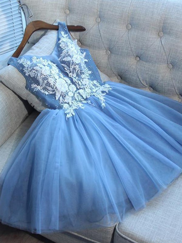 A-Line/Princess Tulle Applique V-neck Sleeveless Short/Mini Dresses 5240