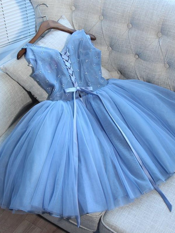 A-Line/Princess Tulle Applique V-neck Sleeveless Short/Mini Dresses 5240