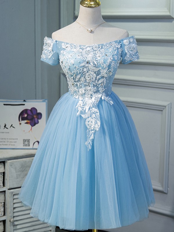 A-Line/Princess Tulle Applique Off-the-Shoulder Short Sleeves Knee-Length Dresses 5142