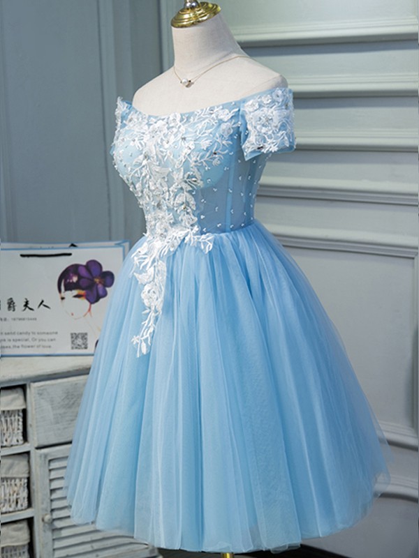 A-Line/Princess Tulle Applique Off-the-Shoulder Short Sleeves Knee-Length Dresses 5142