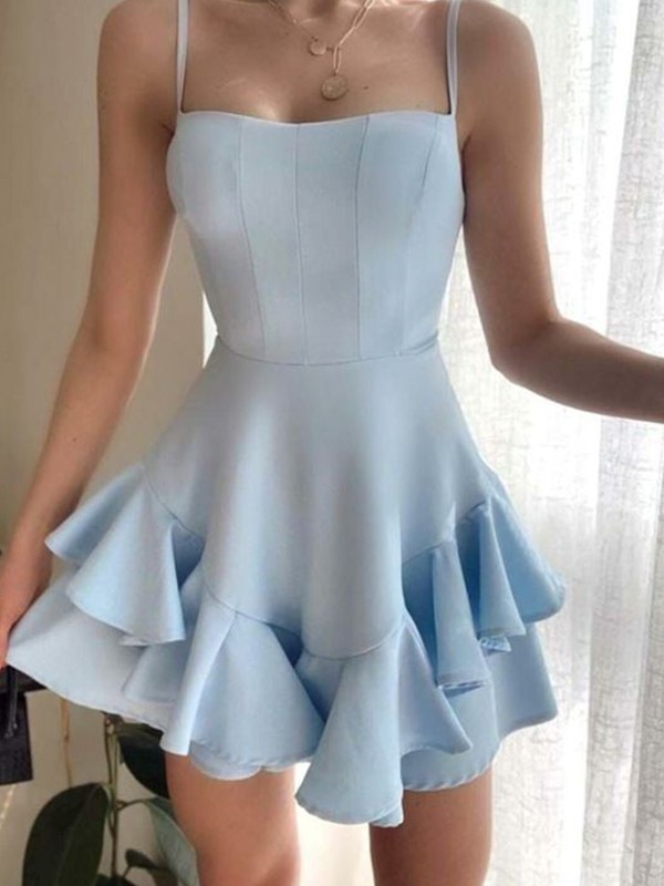 A-Line/Princess Stretch Crepe Ruffles Spaghetti Straps Sleeveless Short/Mini Dresses 4883