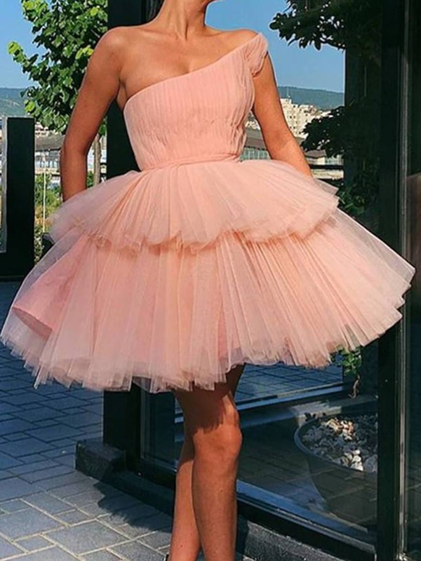 A-Line/Princess Tulle Ruffles One-Shoulder Sleeveless Short/Mini Dresses 5362