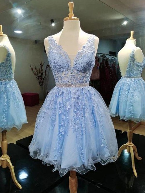 A-Line/Princess Tulle Lace V-neck Sleeveless Short/Mini Dresses 5327