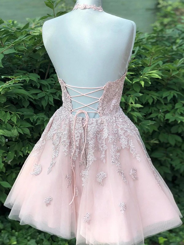 A-Line/Princess Tulle Applique Halter Sleeveless Short/Mini Dresses 5134