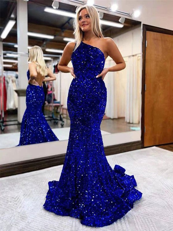 Trumpet/Mermaid Velvet Sequins Ruffles One-Shoulder Sleeveless Sweep/Brush Train Dresses 7620