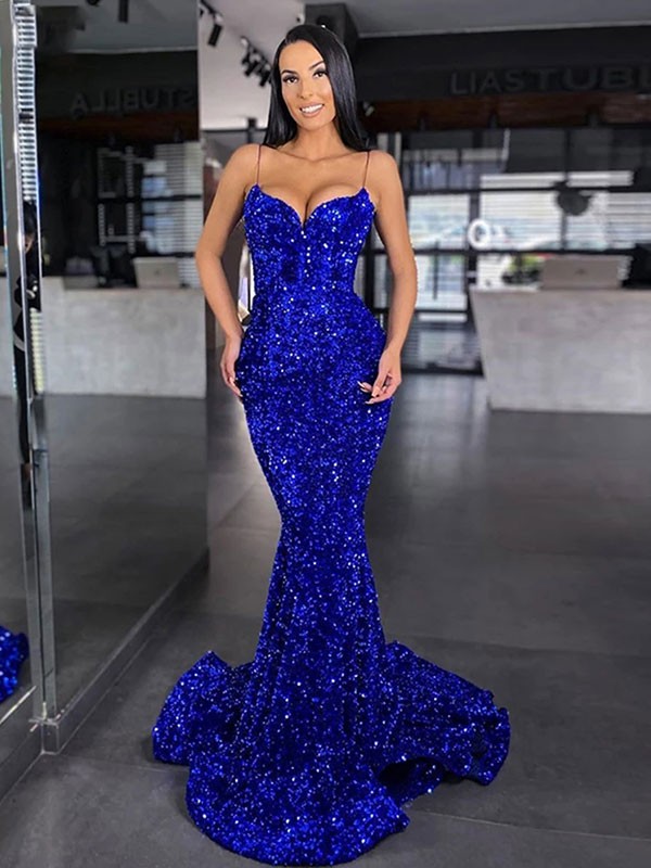 Trumpet/Mermaid Velvet Sequins Spaghetti Straps Sleeveless Sweep/Brush Train Dresses 7622