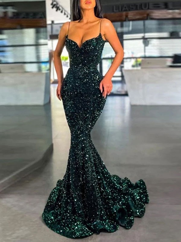 Trumpet/Mermaid Velvet Sequins Spaghetti Straps Sleeveless Sweep/Brush Train Dresses 7622