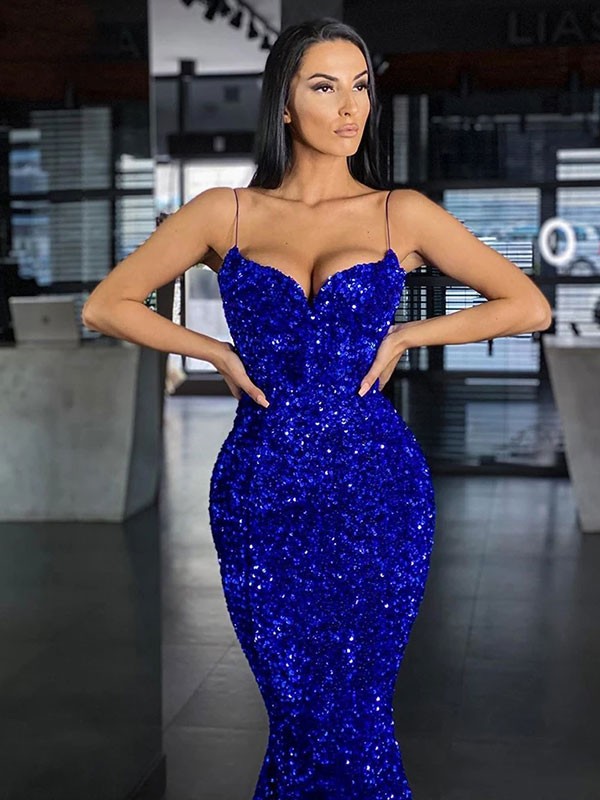 Trumpet/Mermaid Velvet Sequins Spaghetti Straps Sleeveless Sweep/Brush Train Dresses 7622