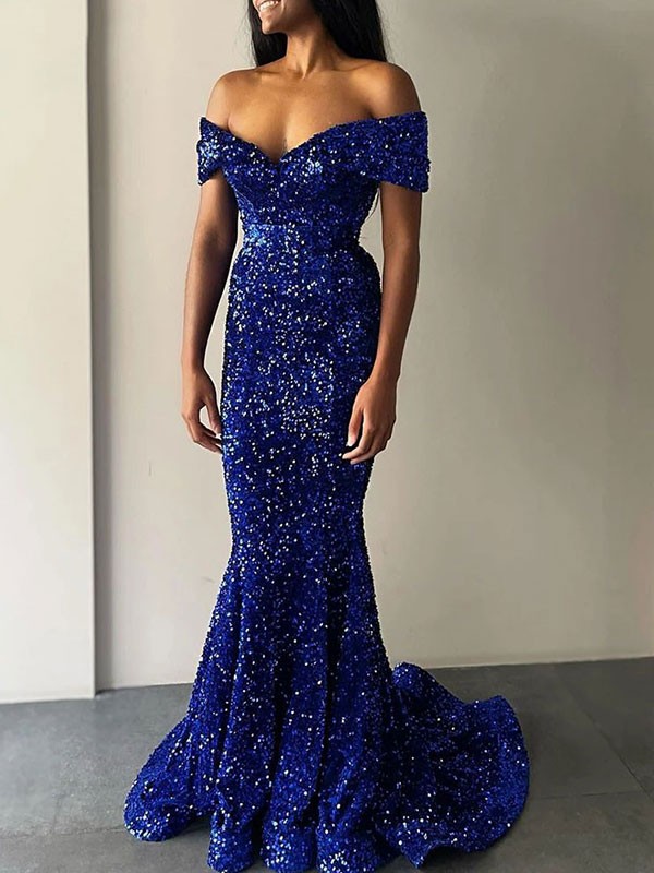 Trumpet/Mermaid Velvet Sequins Off-the-Shoulder Sleeveless Sweep/Brush Train Dresses 7618