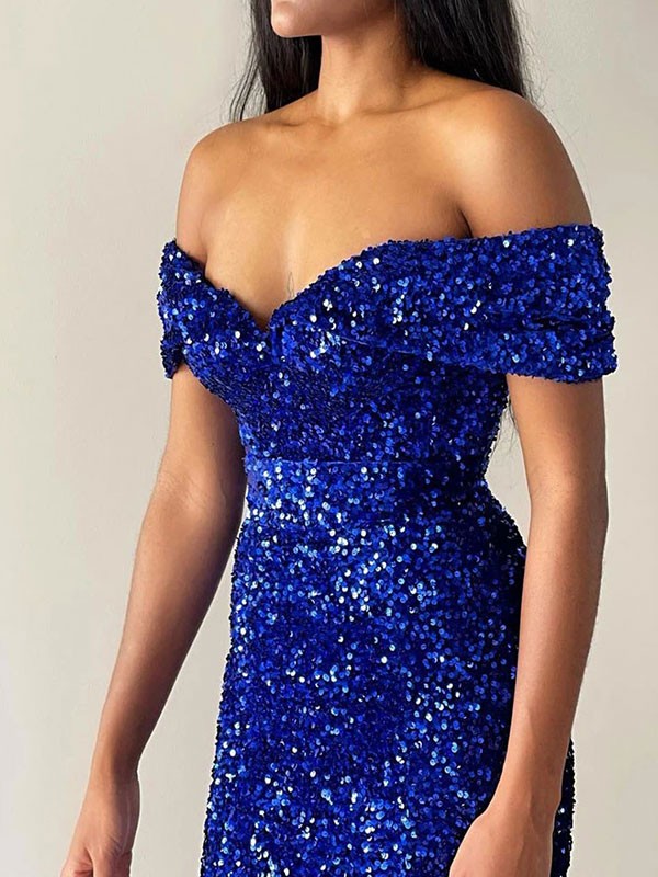 Trumpet/Mermaid Velvet Sequins Off-the-Shoulder Sleeveless Sweep/Brush Train Dresses 7618