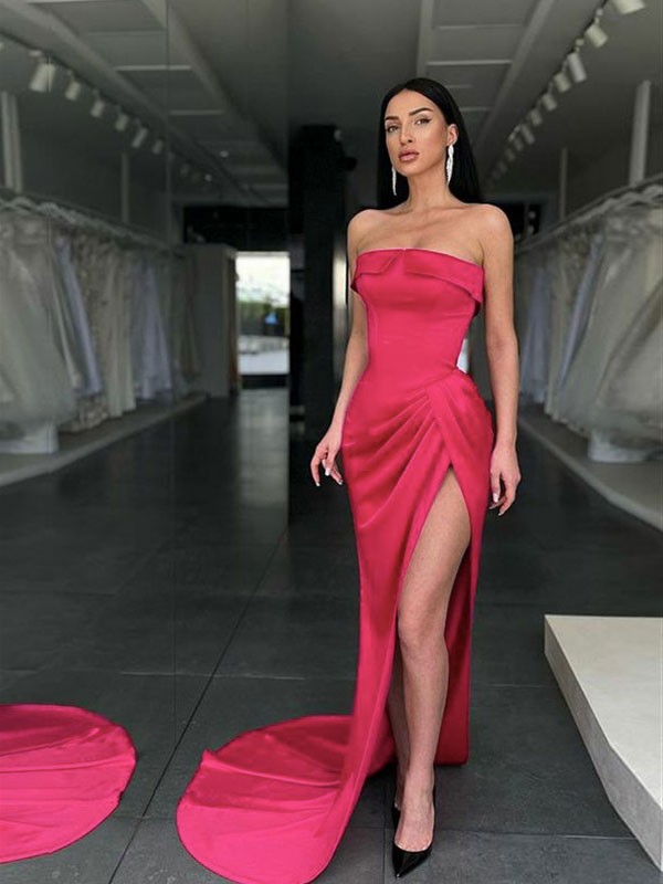 Sheath/Column Elastic Woven Satin Ruched Strapless Sleeveless Sweep/Brush Train Dresses 5930