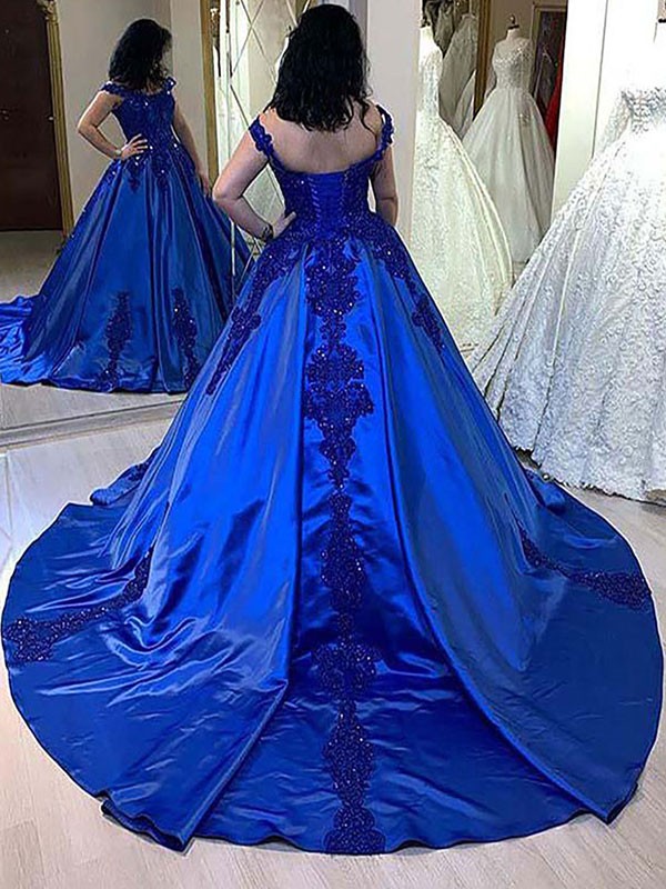 Ball Gown Satin Applique Straps Sleeveless Court Train Dresses 5675