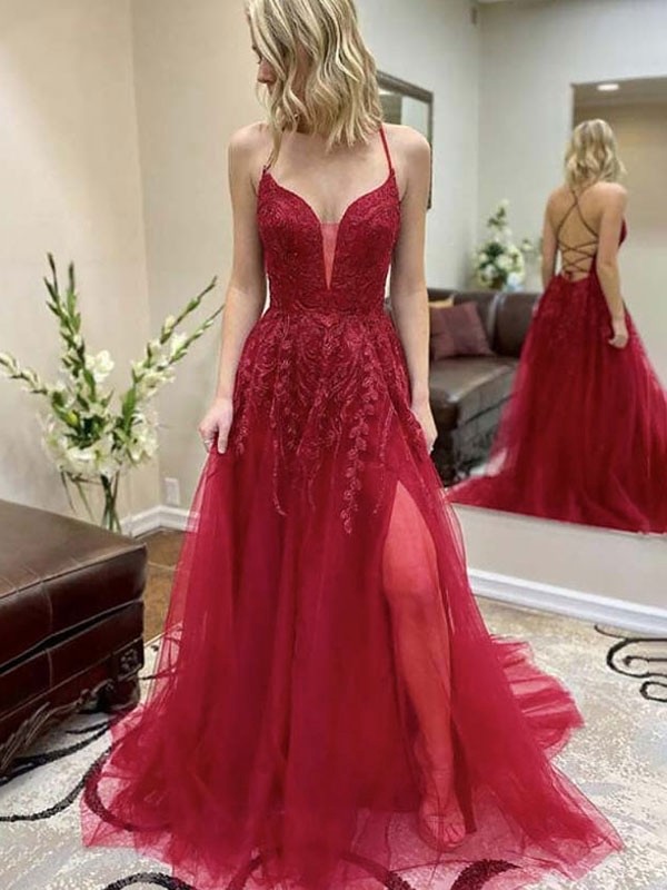 A-Line/Princess Tulle Applique V-neck Sleeveless Sweep/Brush Train Dresses 5261