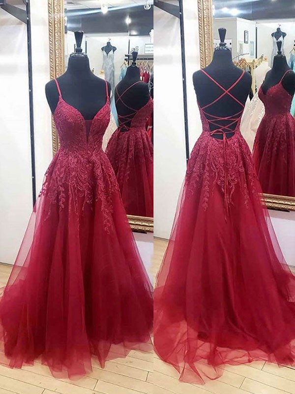 A-Line/Princess Tulle Applique V-neck Sleeveless Sweep/Brush Train Dresses 5261