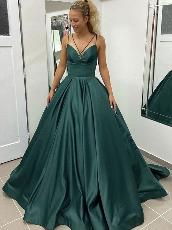 Ball Gown Satin Ruffles V-neck Sleeveless Court Train Dresses 5685