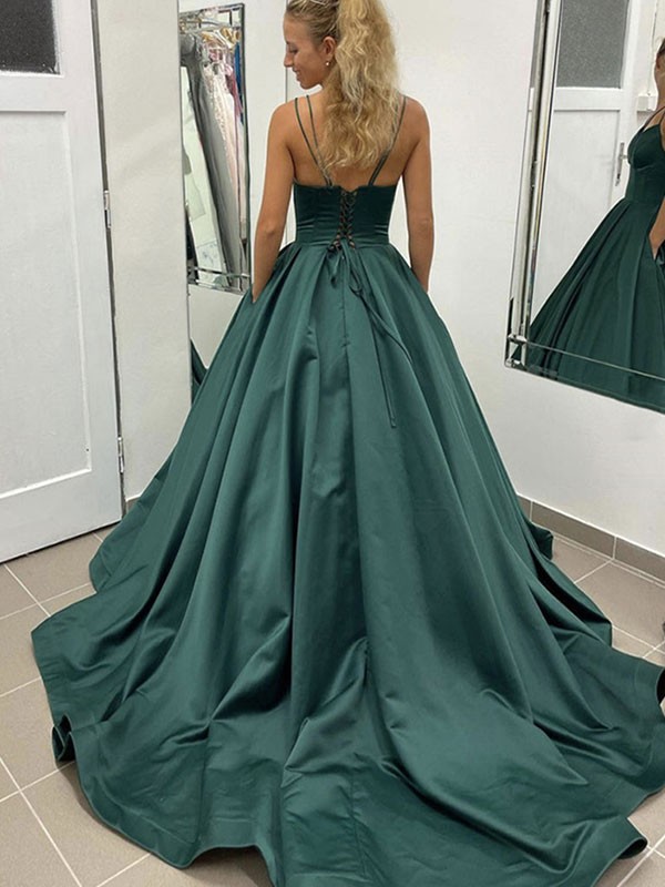 Ball Gown Satin Ruffles V-neck Sleeveless Court Train Dresses 5685