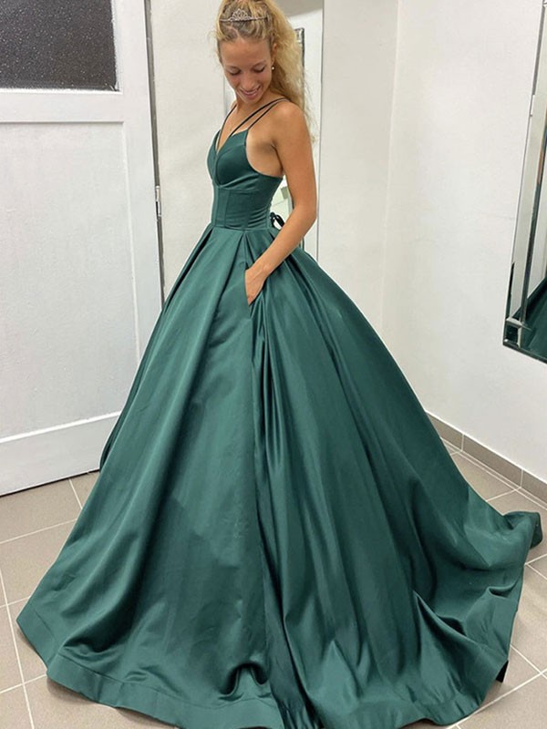 Ball Gown Satin Ruffles V-neck Sleeveless Court Train Dresses 5685