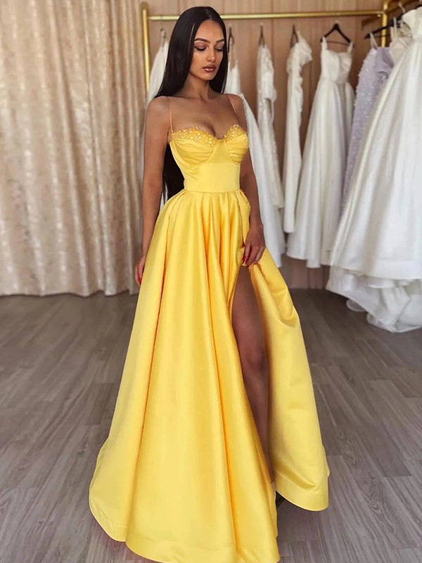 A-Line/Princess Satin Ruffles Spaghetti Straps Sleeveless Floor-Length Dresses 4184