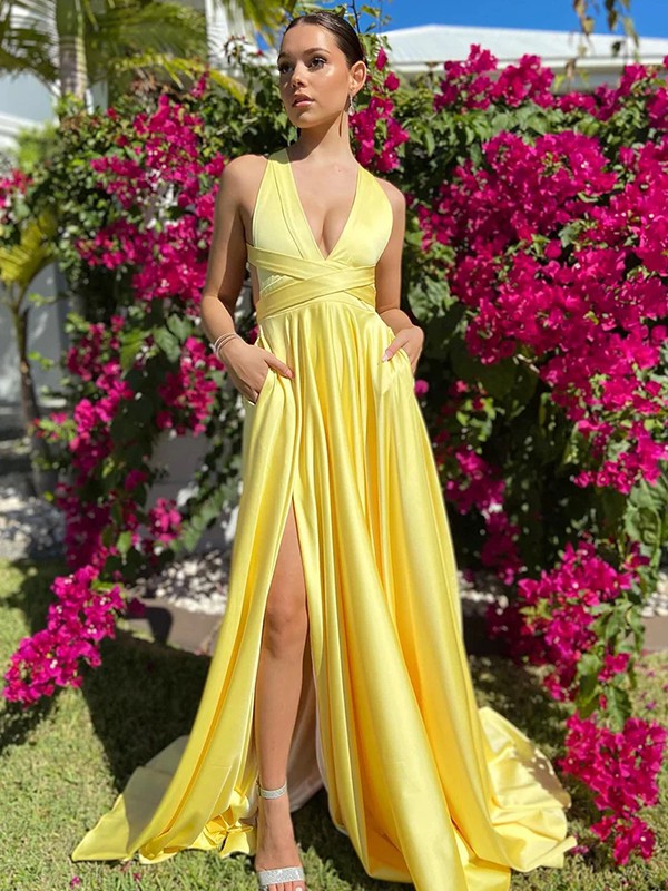 A-Line/Princess Silk like Satin Ruffles V-neck Sleeveless Sweep/Brush Train Dresses 4477