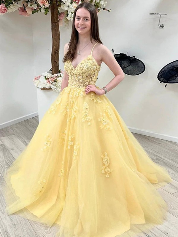 Ball Gown Tulle Applique V-neck Sleeveless Sweep/Brush Train Dresses 5790