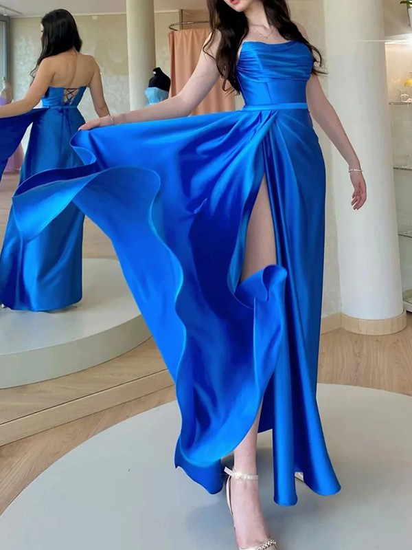 A-Line/Princess Silk like Satin Ruched Strapless Sleeveless Floor-Length Dresses 4444