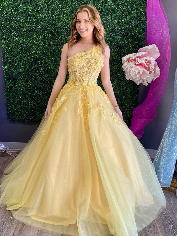 A-Line/Princess Tulle Applique One-Shoulder Sleeveless Sweep/Brush Train Dresses 5157