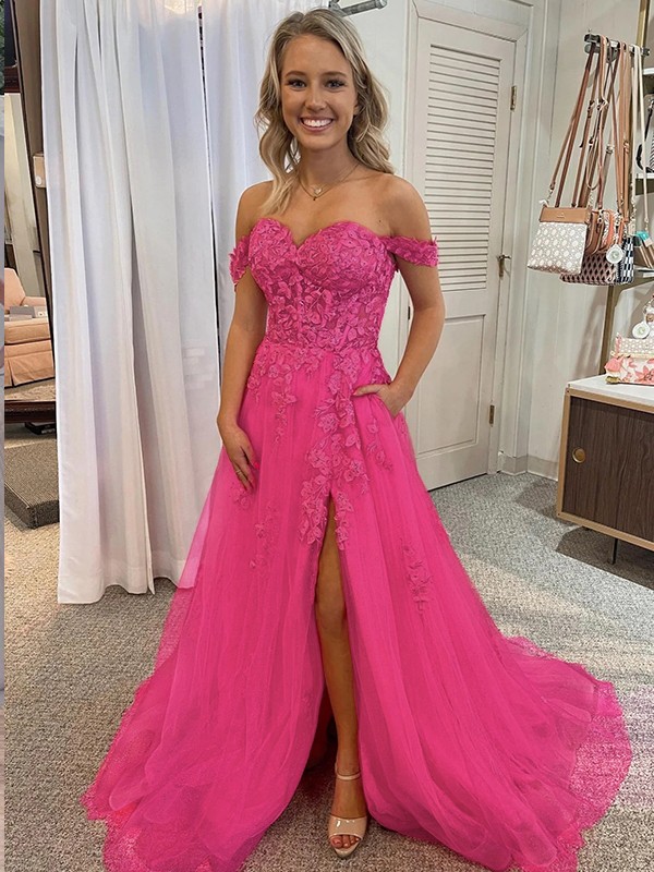 A-Line/Princess Tulle Applique Off-the-Shoulder Sleeveless Court Train Dresses 5143