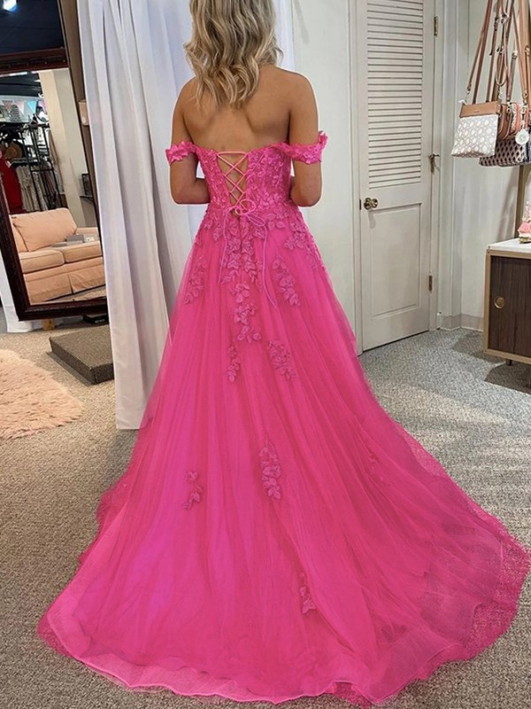 A-Line/Princess Tulle Applique Off-the-Shoulder Sleeveless Court Train Dresses 5143