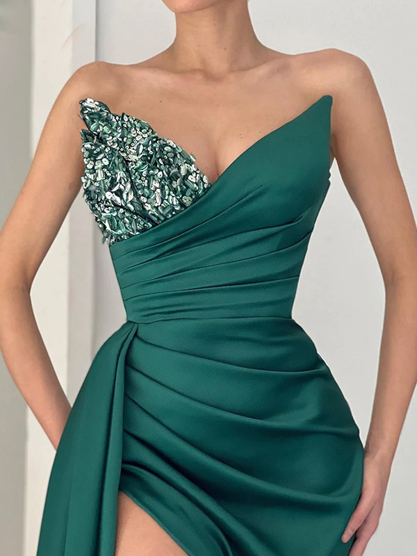 Sheath/Column Elastic Woven Satin Ruched Sweetheart Sleeveless Court Train Dresses 5933