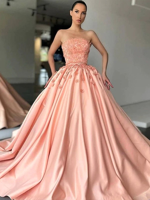 Ball Gown Satin Applique Strapless Sleeveless Sweep/Brush Train Dresses 5674