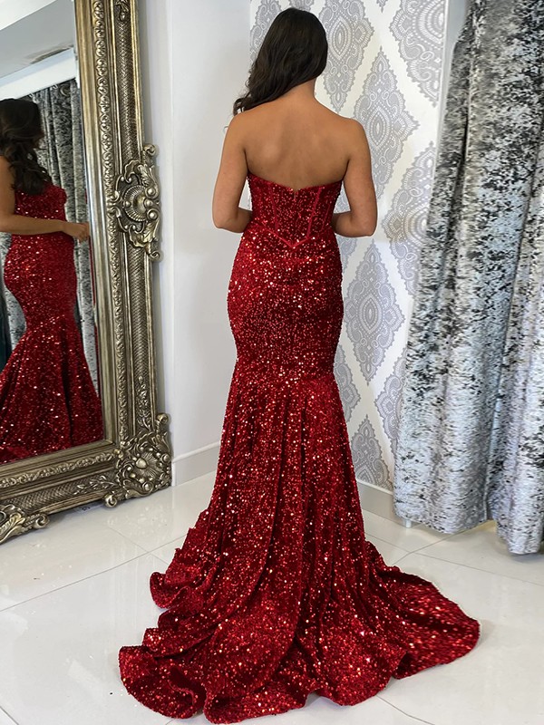 Sheath/Column Velvet Sequins Ruffles Sweetheart Sleeveless Court Train Dresses 6975