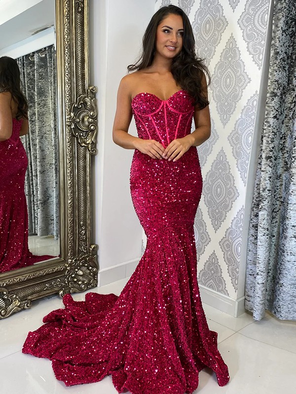 Sheath/Column Velvet Sequins Ruffles Sweetheart Sleeveless Court Train Dresses 6975