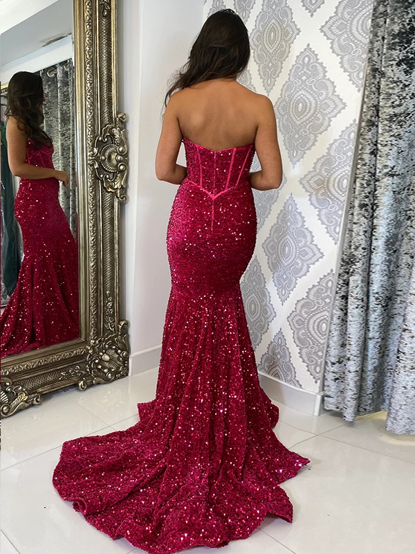 Sheath/Column Velvet Sequins Ruffles Sweetheart Sleeveless Court Train Dresses 6975