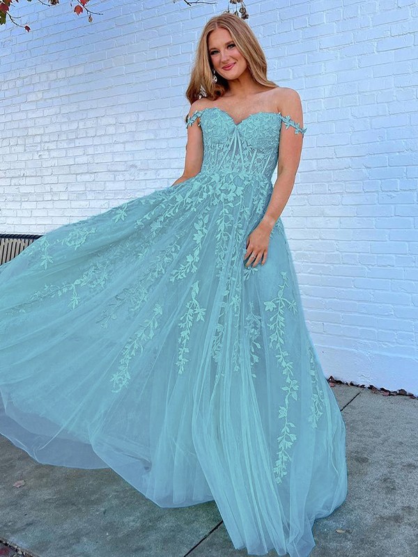 A-Line/Princess Tulle Applique Off-the-Shoulder Sleeveless Sweep/Brush Train Dresses 5155