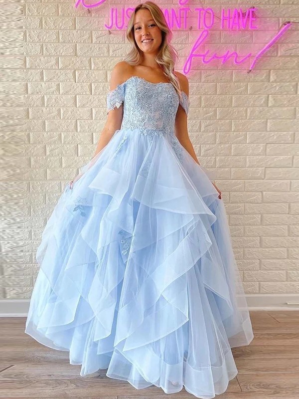 A-Line/Princess Tulle Applique Off-the-Shoulder Sleeveless Floor-Length Dresses 5148