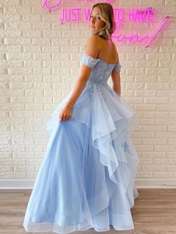 A-Line/Princess Tulle Applique Off-the-Shoulder Sleeveless Floor-Length Dresses 5148