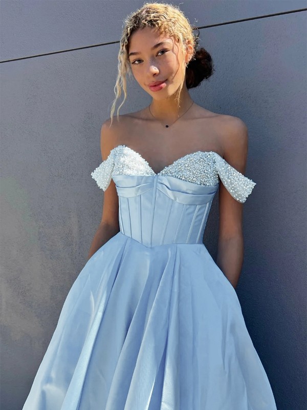 A-Line/Princess Satin Ruffles Off-the-Shoulder Sleeveless Sweep/Brush Train Dresses 4164