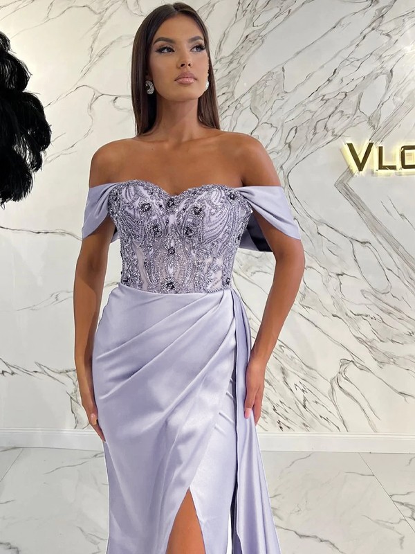 Sheath/Column Elastic Woven Satin Ruched Off-the-Shoulder Sleeveless Sweep/Brush Train Dresses 5901