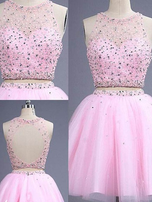 A-Line/Princess Sleeveless Scoop Short/Mini Beading Tulle Two Piece Dresses 4582