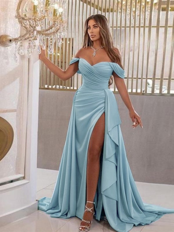 Sheath/Column Jersey Ruched Off-the-Shoulder Sleeveless Sweep/Brush Train Dresses 6012