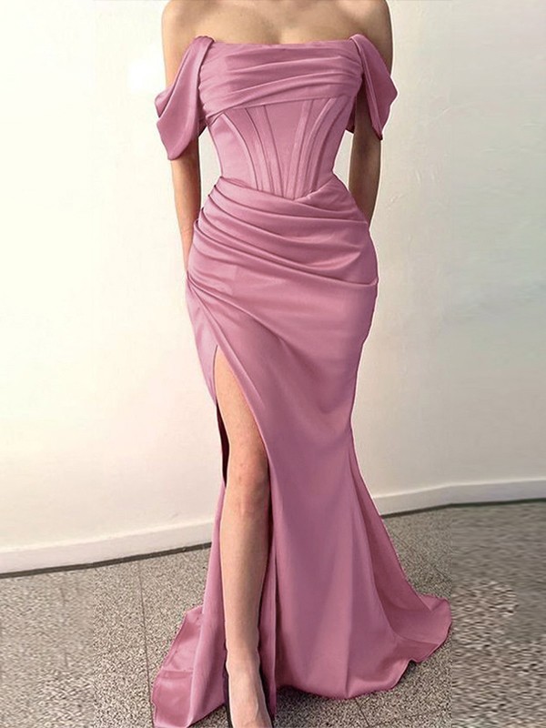 Sheath/Column Silk like Satin Ruched Off-the-Shoulder Sleeveless Sweep/Brush Train Dresses 6523