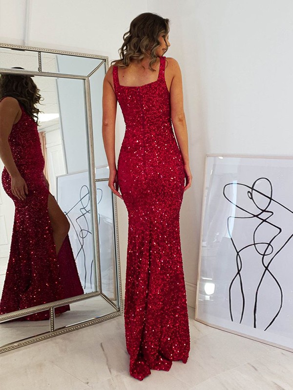 Sheath/Column Velvet Sequins  Straps Sleeveless Floor-Length Dresses 6983