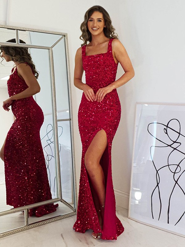 Sheath/Column Velvet Sequins  Straps Sleeveless Floor-Length Dresses 6983