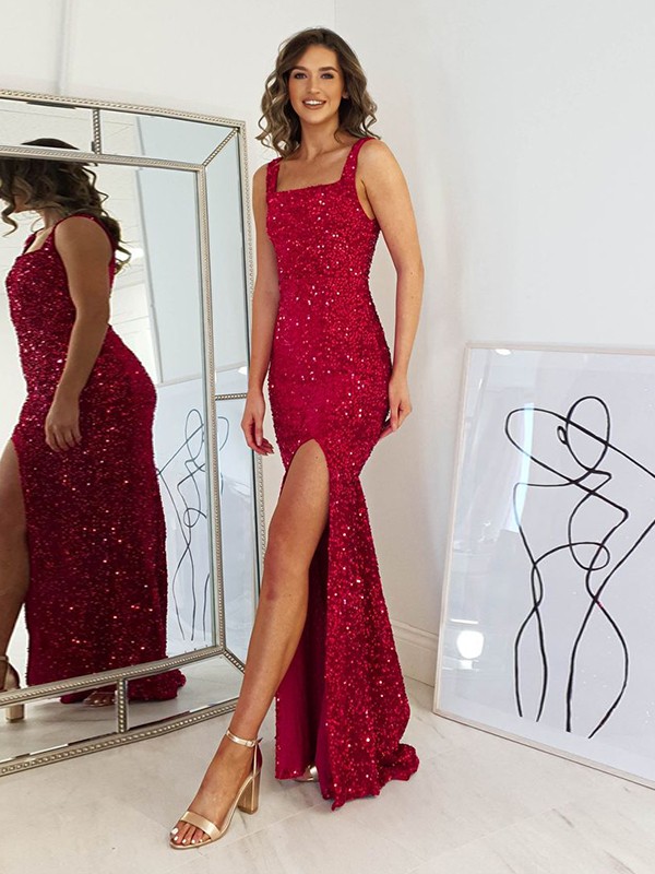 Sheath/Column Velvet Sequins  Straps Sleeveless Floor-Length Dresses 6983