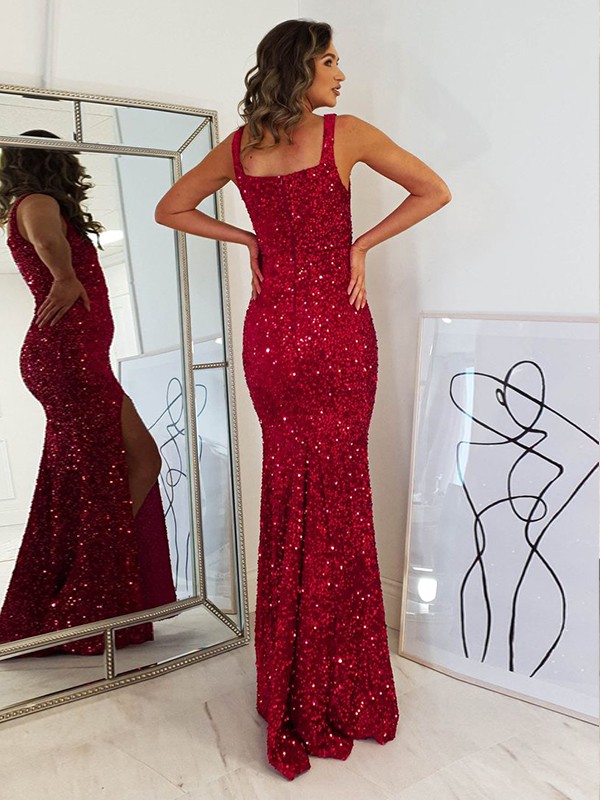 Sheath/Column Velvet Sequins  Straps Sleeveless Floor-Length Dresses 6983