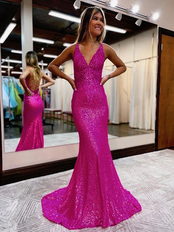 Sheath/Column Sequins V-neck Sleeveless Court Train Dresses 6495